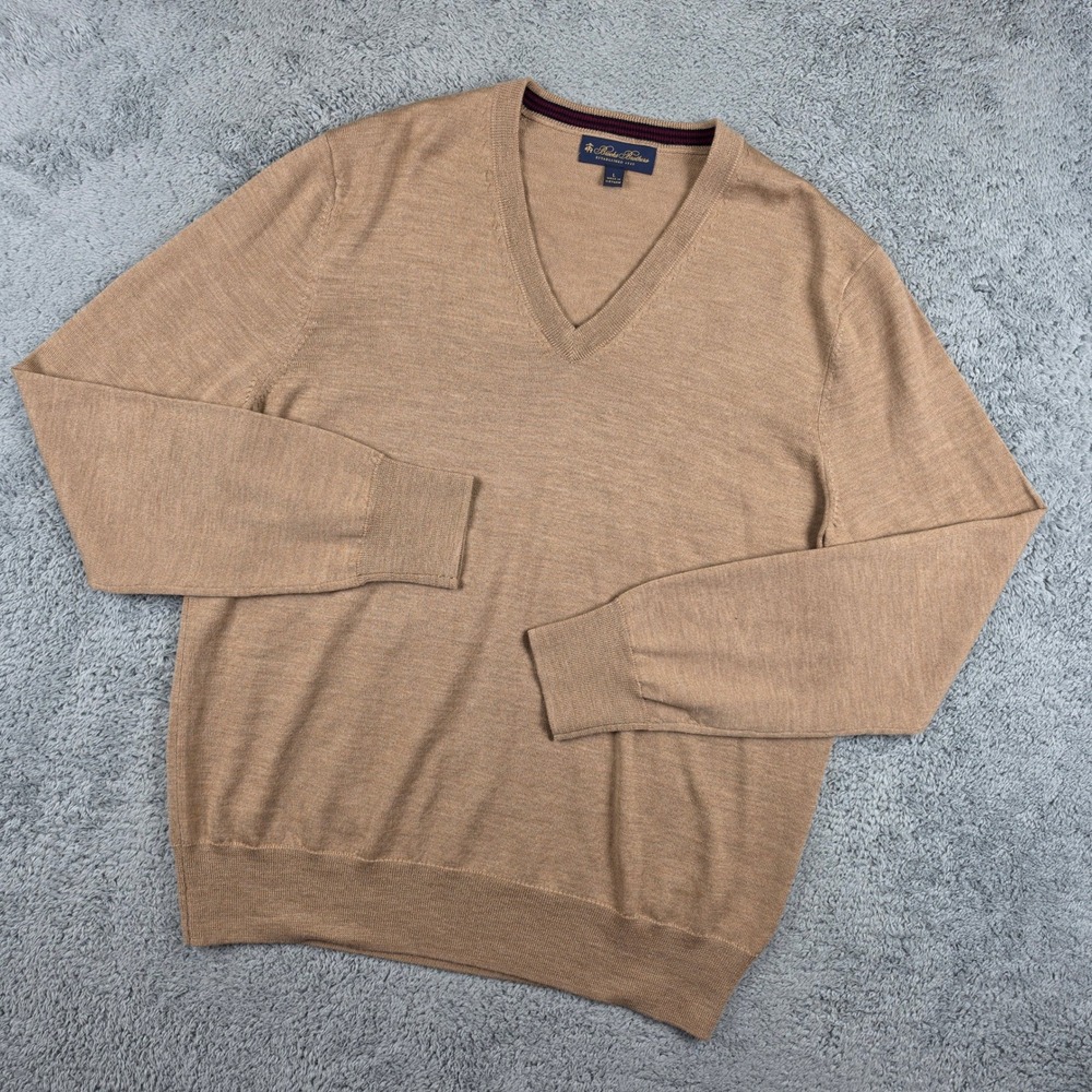 Brooks Brothers Merino Wool Sweater Mens Large Tan V-Neck Classic Layering Knit